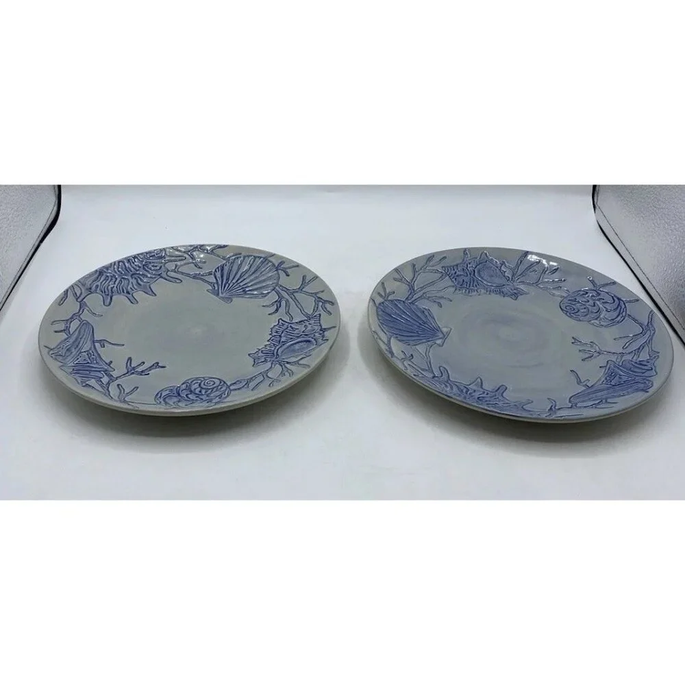 Pottery Barn Salad Plate Dessert Blue Shell Ocean Beach Coastal Coral  8